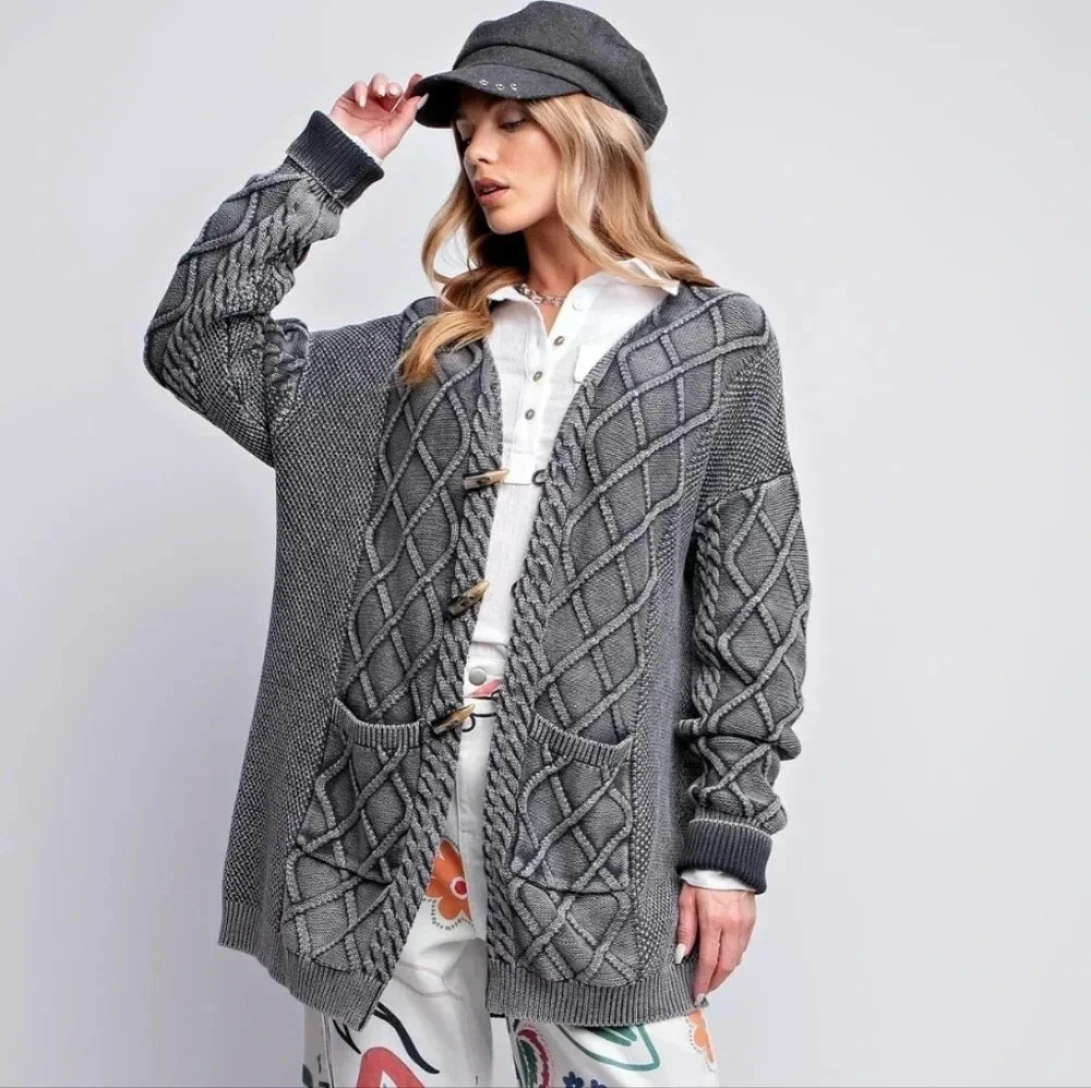 New! Easel Cable Knitted Sweater Cardigan Ash M